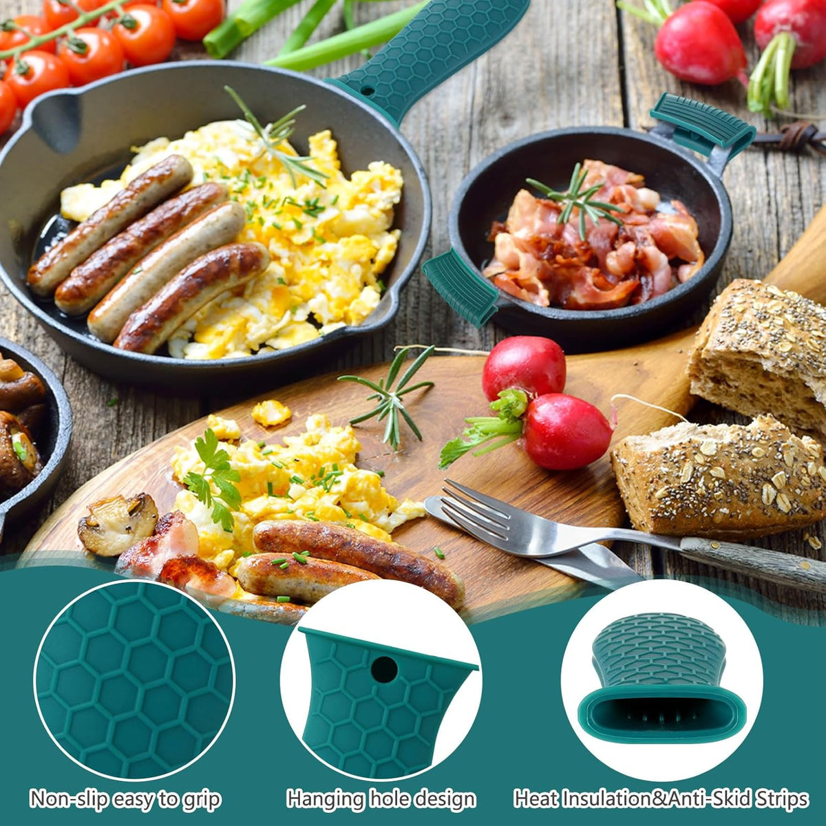 Patelai 8 Pcs Silicone Pot Holders Set Cast Iron Handle Cover Heat Resistant Pot Handle Covers Potholder Non Slip Reusable Pan Sleeve for Frying Pan Kitchen Supplies(Green)