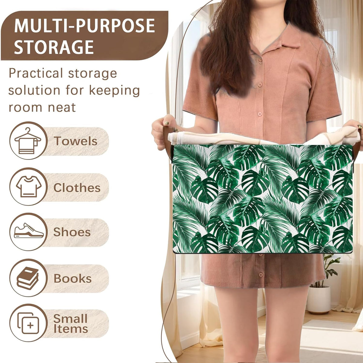Foldable Collapsible Storage Bin with Palm & Banana Leaf Design-17x11.5x10.5 Inch Organizer Basket for Home, Nursery, Closet-Single Pack, No Lid Space-Saving Storage Box