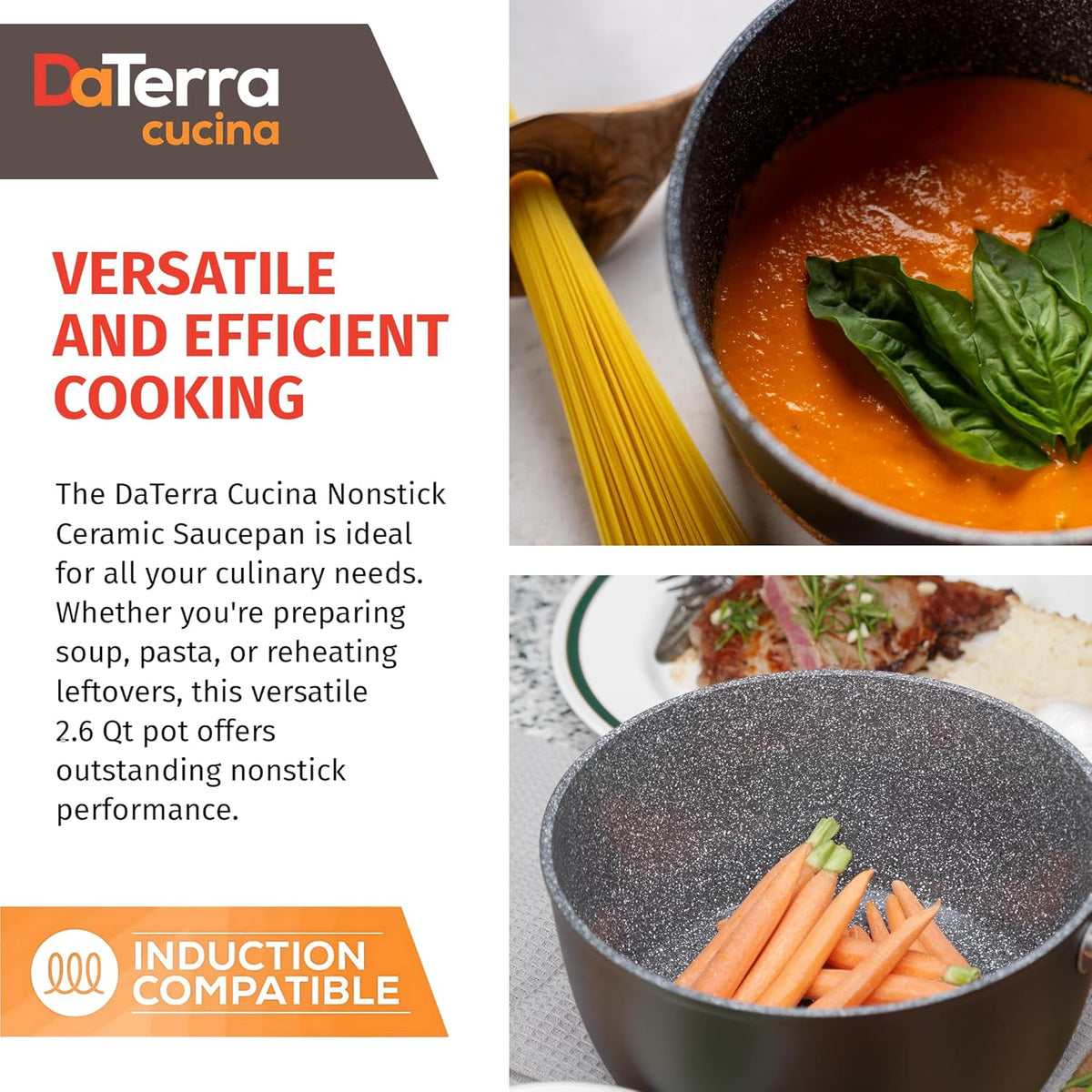 DaTerra Cucina - 2.6 Qt Nonstick Ceramic Saucepan with Lid – Induction Compatible Cooking Pot, Nonstick Ceramic Sauce Pan for Soup, Pasta, Milk, and More, Medium Size for Kitchen, Oven Safe