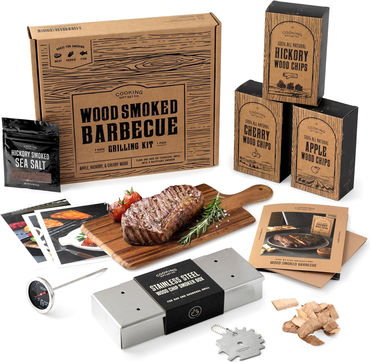 Deluxe Smoker Box for Gas Grilling - Complete BBQ Smoker Box Kit with Wood Chips, Stainless Steel Smoke Box for Gas Grill & Charcoal, Thermometer, Scraper & Recipes - Smoker Accessories Gifts for Men