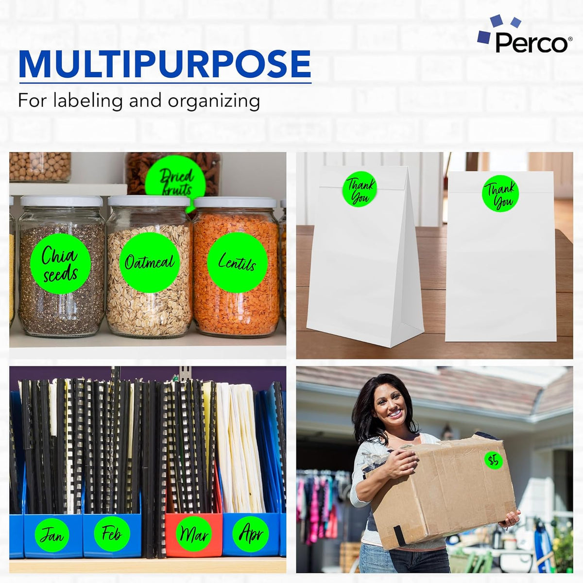 Perco Fluorescent Green 3-Inch Round Circle Dot Sticker Labels with Easy Peel Perforation - 500 Labels per Roll - Strong Adhesion, Vibrant Colors for Organizing, Crafting & More - Made in USA