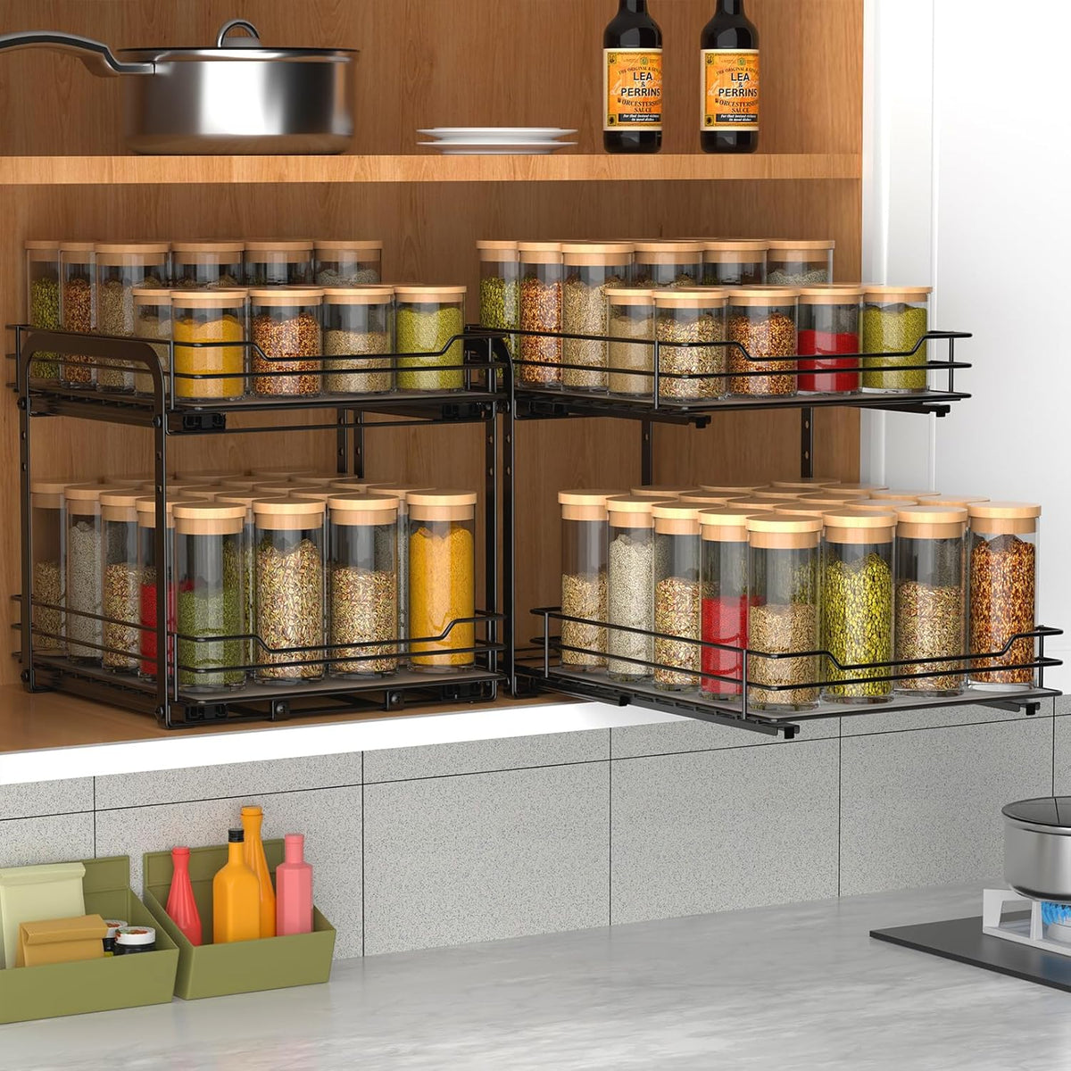 2-Tier Spice Rack, Pull Out Cabinet Organizer Spice Racks Height Adjustable Heavy Duty Metal Basket for Inside Cabinets & Pantry Closet(9.5''Wx10.5''Dx9.5''H)