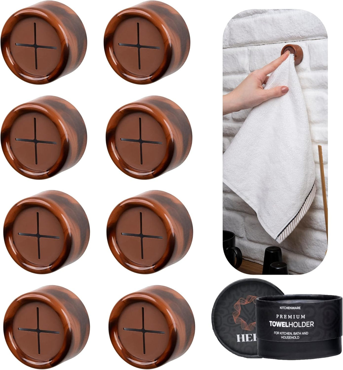 HEFA Towel Holder, 8 Pack, Plastic, Chocolate Brown, Kitchen Organization, Wall Mount, Towel Hook, Storage Hook, 2 lbs Weight Capacity