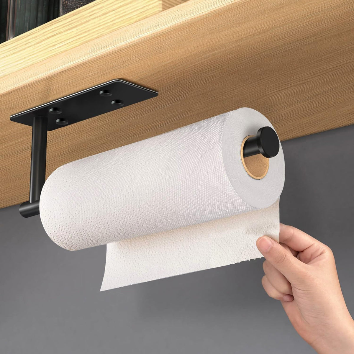 VAEHOLD Self Adhesive Paper Towel Holder Under Cabinet Mount, Wall Mounted Paper Towel Roll Holder with Damping Effect for Kitchen, Bathroom, Wall - SUS304 Stainless Steel (Matte Black)
