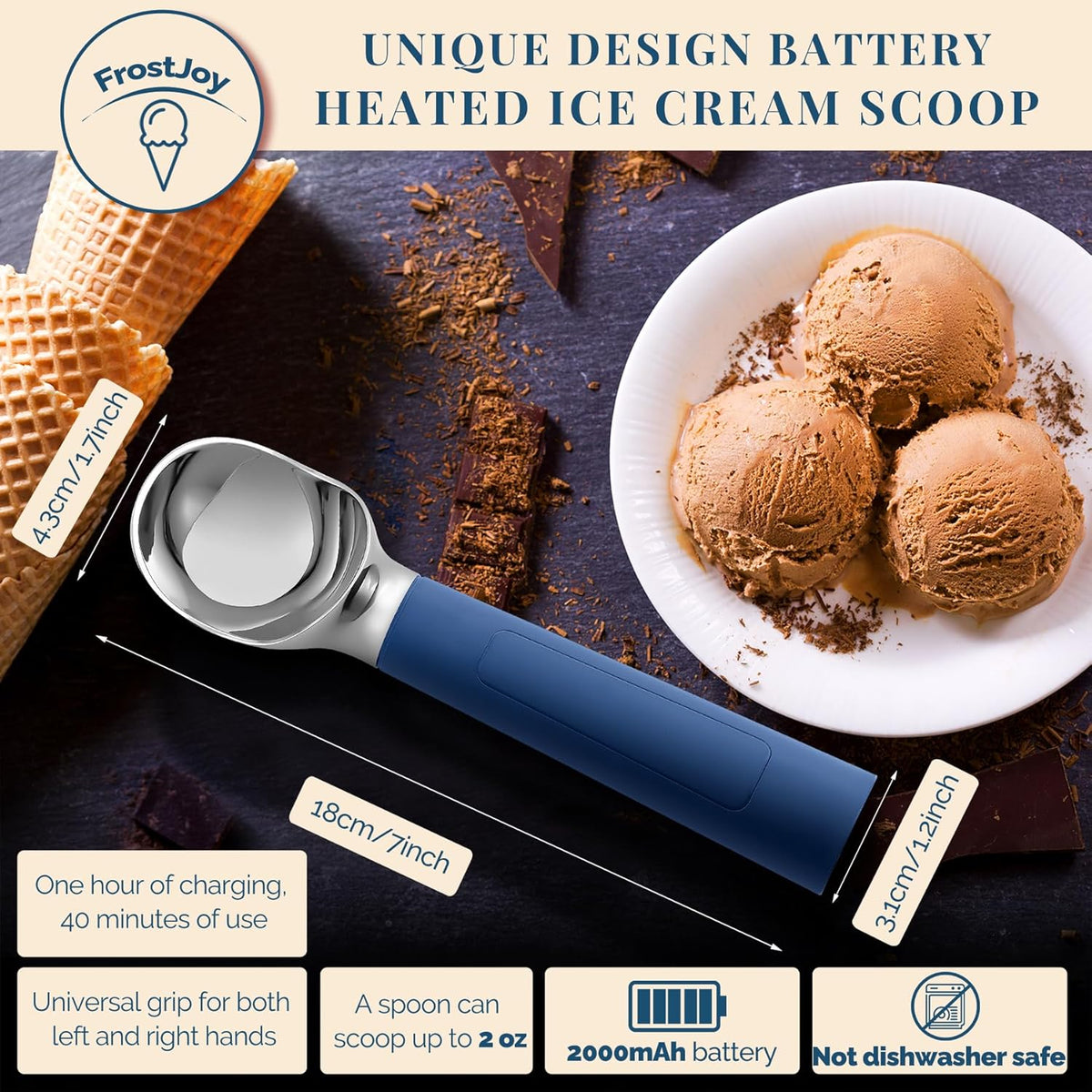 Heated Ice Cream Scoop Rechargeable, Electric Warming Ice Cream Scooper with LED Display, Heats to 158°F for Hard Ice Cream, Easy for Seniors & Kids, IP67 Waterproof (Blue, 2 oz)