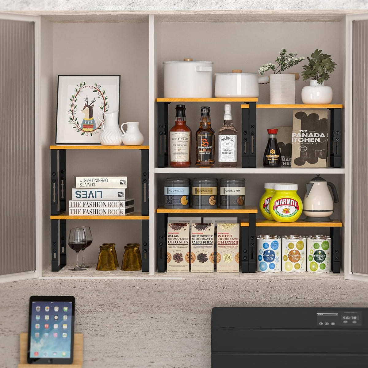 Expandable Kitchen Cabinet Organizer Shelves – Stackable Adjustable Metal and Wood Storage Racks for Countertop, Pantry, Garage Set of 2 Spice Rack – Easy Assembly, Space-Saving(2 Packs/Large/Black)