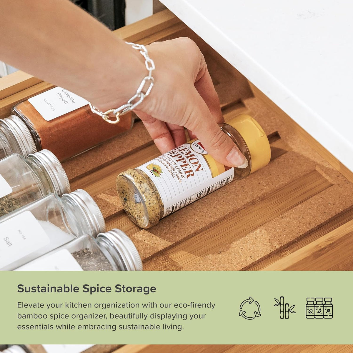 KitchenEdge Spice Drawer Organizer with Expandable Storage. Holds up to 15 Spice Jars (Not Included), Non-Slip Feet, Kitchen Accessory Storage, 100% Sustainable Bamboo Wood