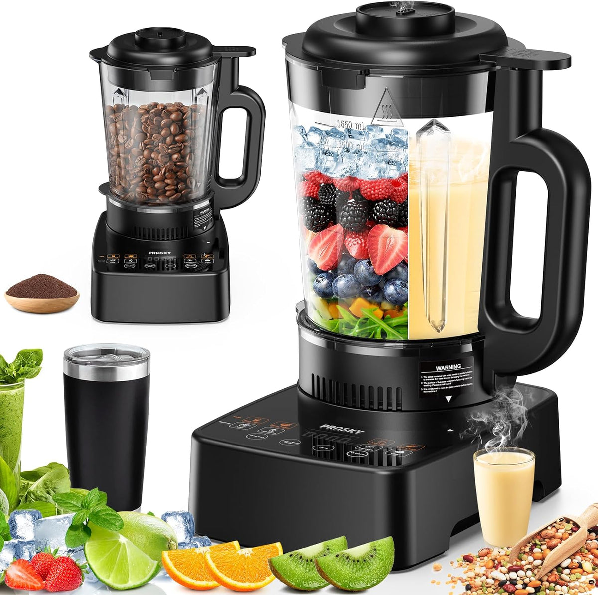 Blenders for Kitchen with Heating, PRASKY 1500W Professional Heating Blender 55oz Glass Jar,25000RPM Powerful Soy Milk Maker, Smoothies Blender, Auto Clean for Smoothies Soups Sauces (Black)