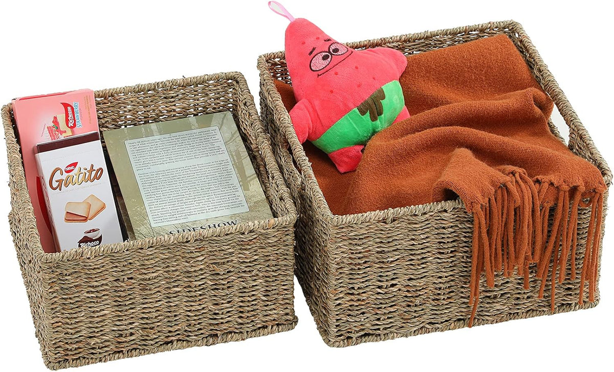 HOONEX Wicker Storage Baskets for Organizing, Decorative Woven Seagrass Baskets for Storage with Carrying Handles, Set of 2, Natural