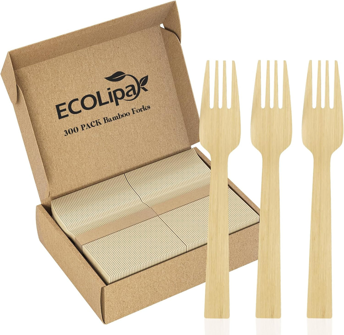 ECOLipak 300 Count Bamboo Forks Disposable, 6.7 Inch No Splinters Heavy Duty Bamboo Disposable Compostable Forks for Party, Wedding, Camping, Traveling, Family Dinners, Large Events