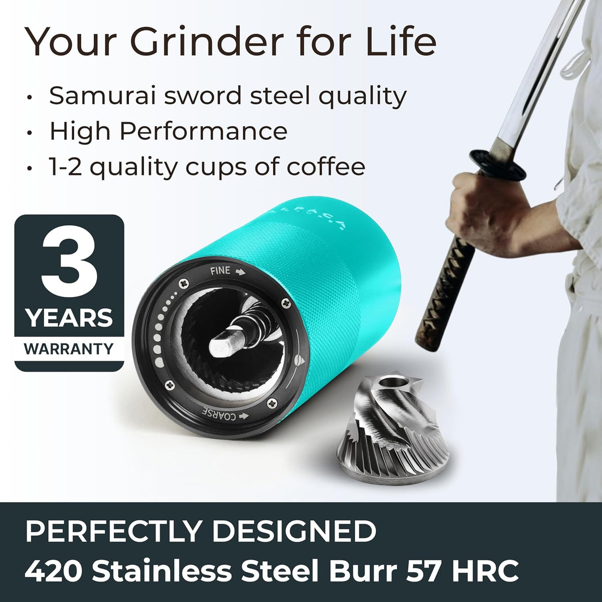 Manual Coffee Grinder by Alpaca Ventures - Stainless Steel Conical Burr Coffee Grinder Manual with Adjustable Setting Double Bearing Hand Espresso Grinder Perfect for Home, Office and Camping
