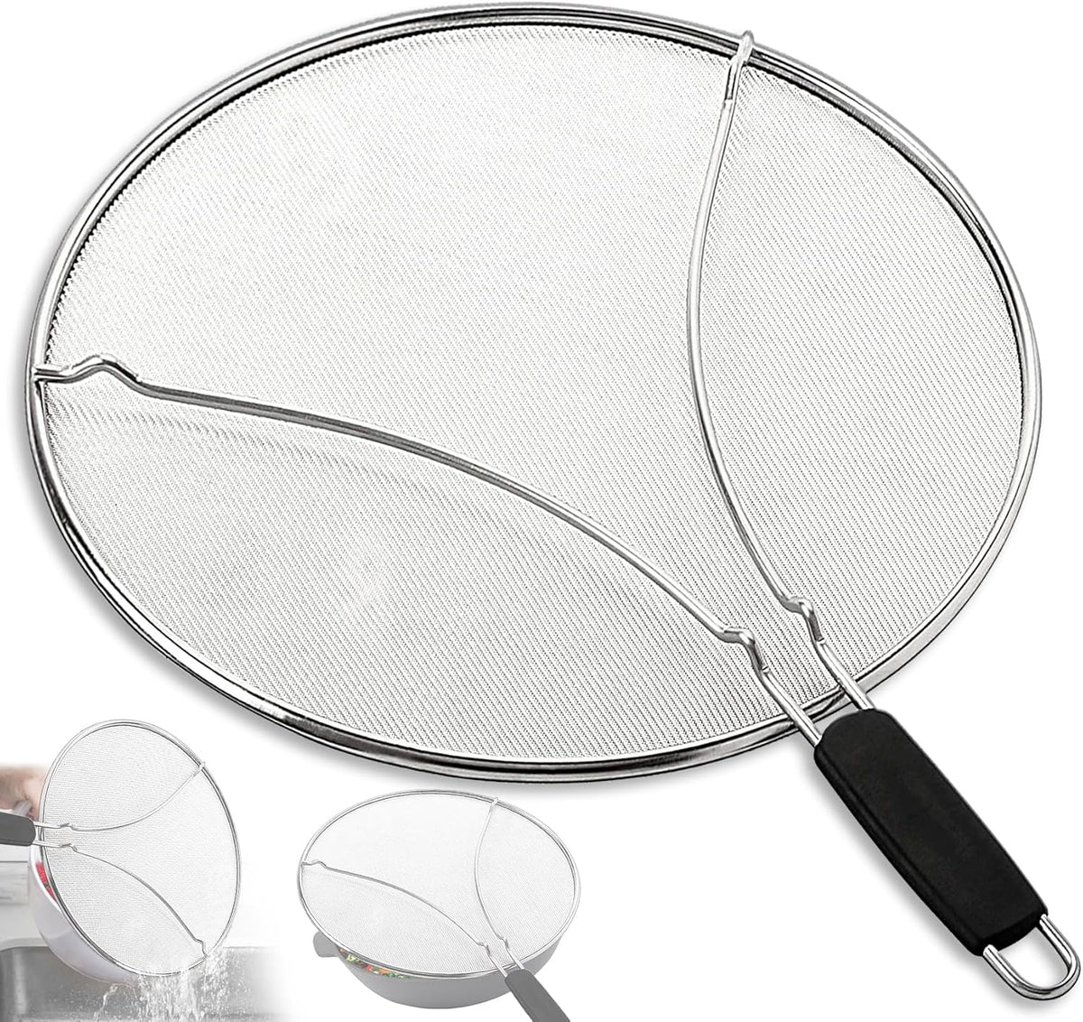 Splatter Screen for Frying Pan & Food Strainer,13 Inch Stainless Steel Grease Splatter Guard,Shield from Splashing Oil, Dishwasher Safe(Black)
