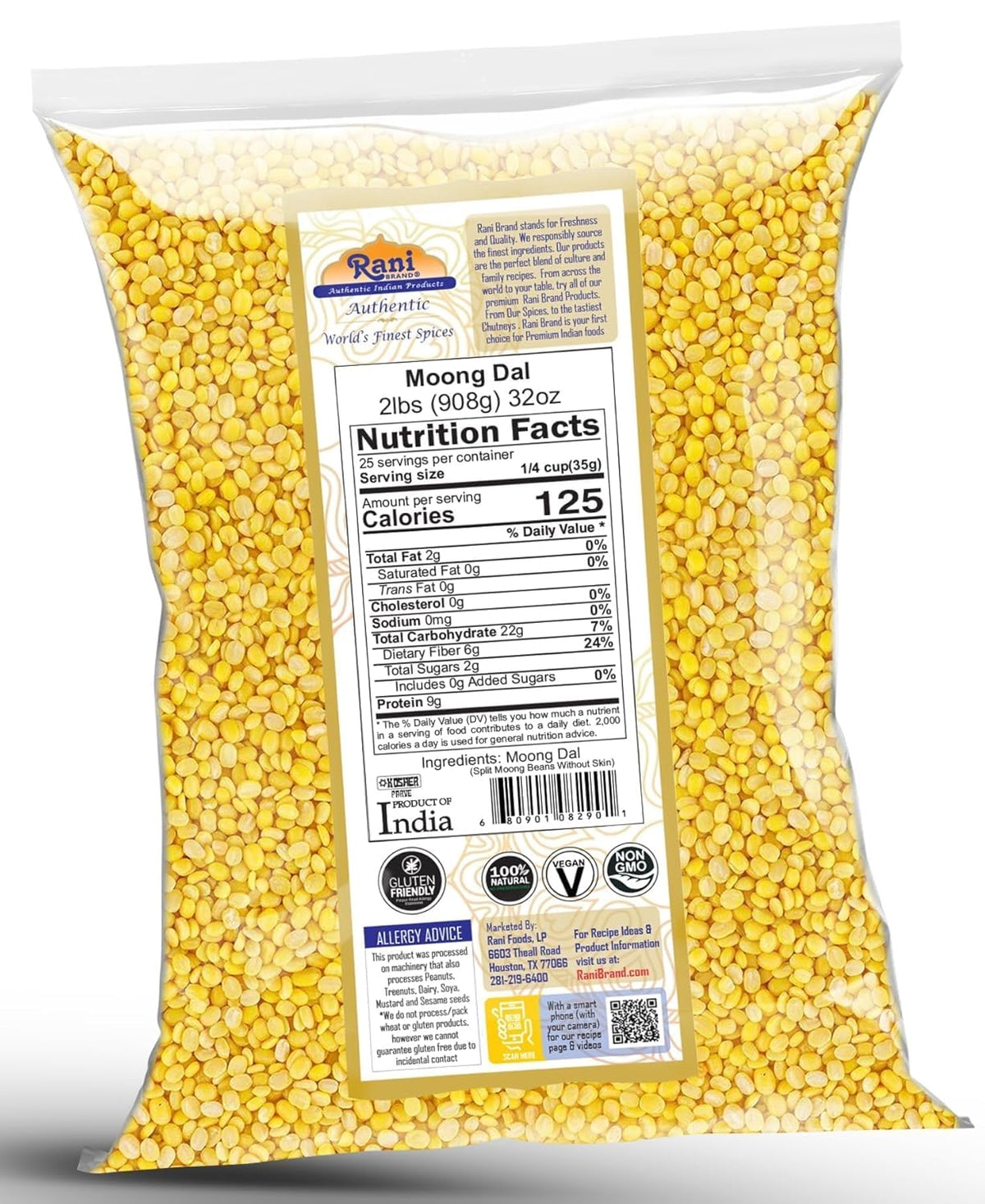 Rani Moong Dal (Split Mung Beans Without Skin) Lentils Indian 32oz (2lbs) 908g ~ All Natural | Gluten Friendly | Non-GMO | Kosher | Vegan | Indian Origin