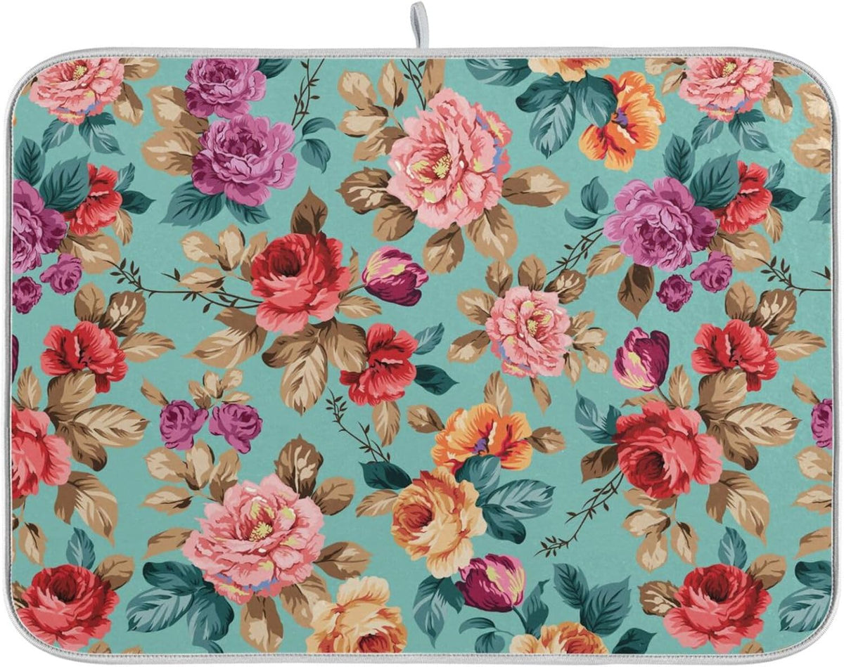 Colorful Flower Leaves Dish Drying Mat for Kitchen Counter Absorbent Microfiber Drying Pad, Large 18x24 in, Reversible Drainer Mats
