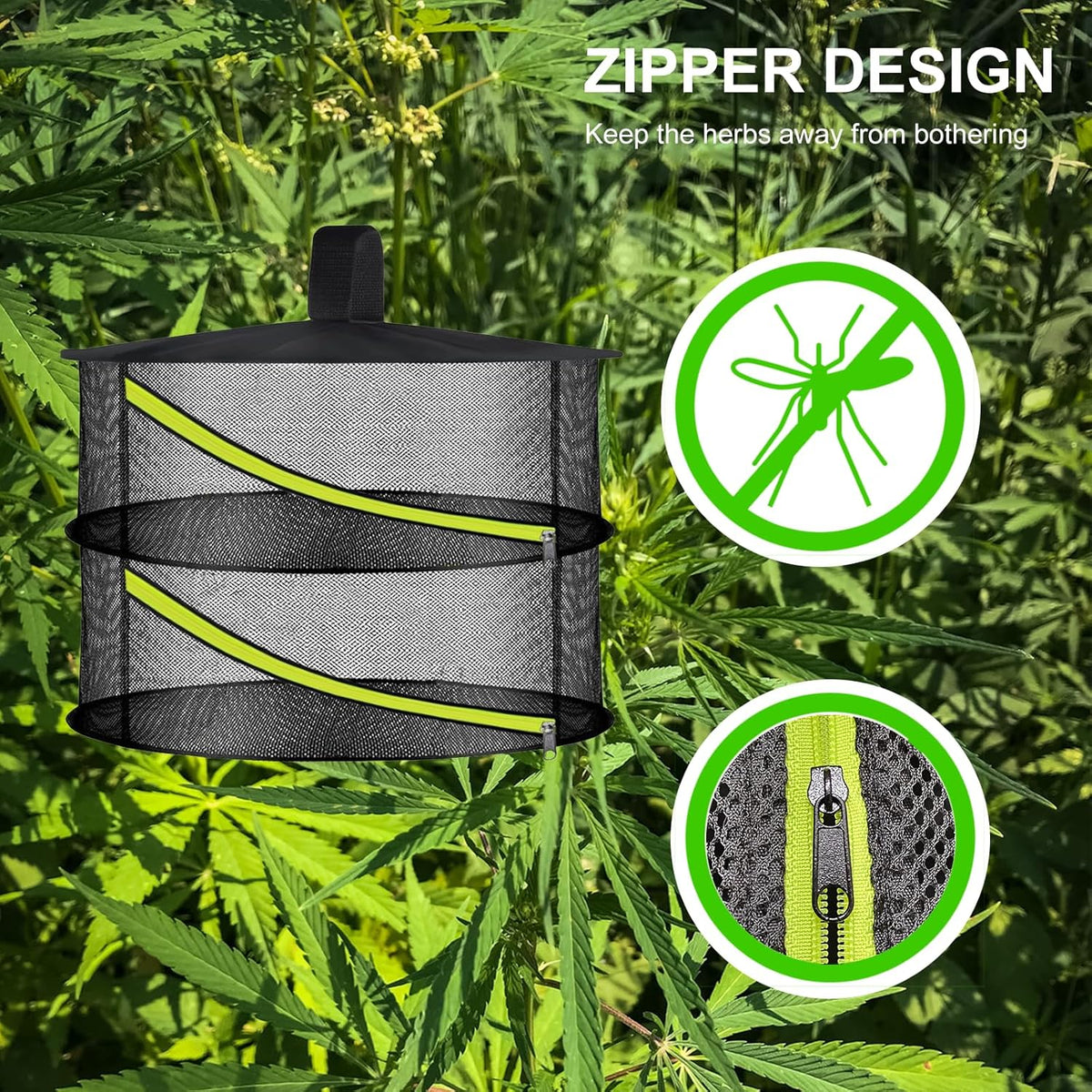 2 Layer Herb Drying Rack, Hanging Mesh Net, Foldable Plant Drying Rack with Diagonal Zipper, Garden Trimming Shears and Hooks, for Drying Herbs Plants, Fruits, Seafood, Clothing(2 Layers-23.62'')