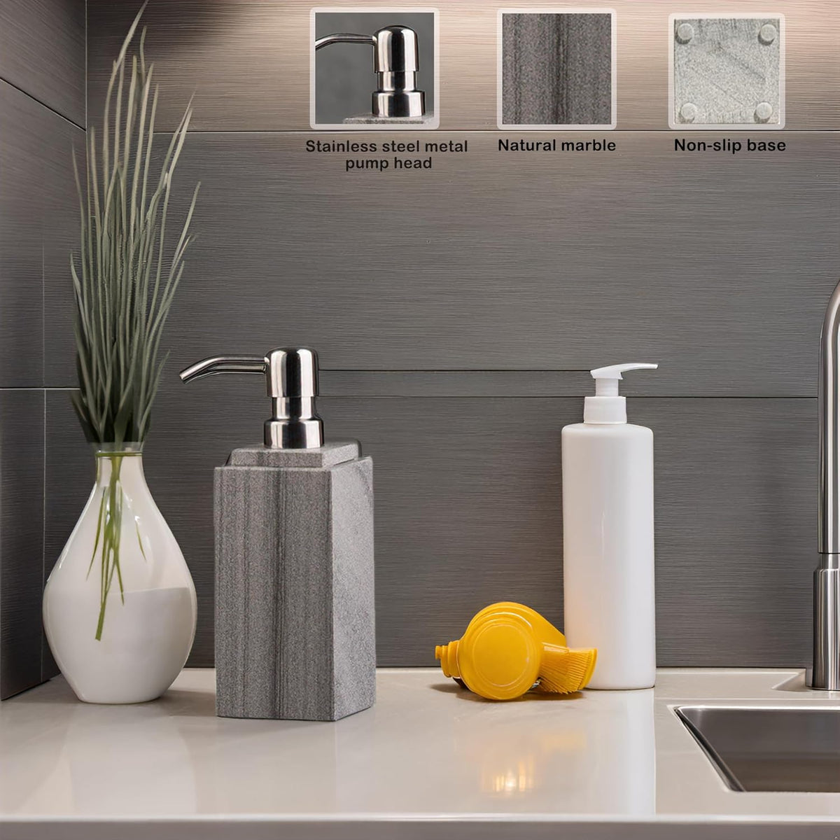 Hand Liquid&Lotion Soap Dispenser Pump Bottle Natural Marble for Kitchen Bathroom Countertop Laundry Room Holds Dish Soap Shampoo Laundry Liquid Shower Gel (Grey Sand)