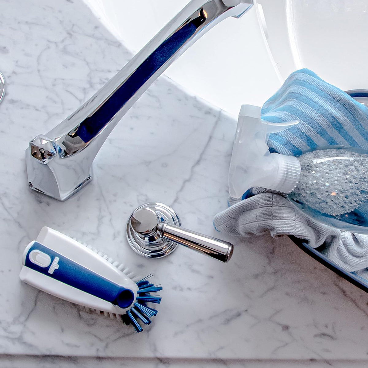 Unger Multi-Purpose Counter and Fixture Scrub Brush, Non-Slip Small Household Cleaning Supplies, Removes Dirt and Grime from Bathroom Sinks, Kitchen Countertops, and Faucets