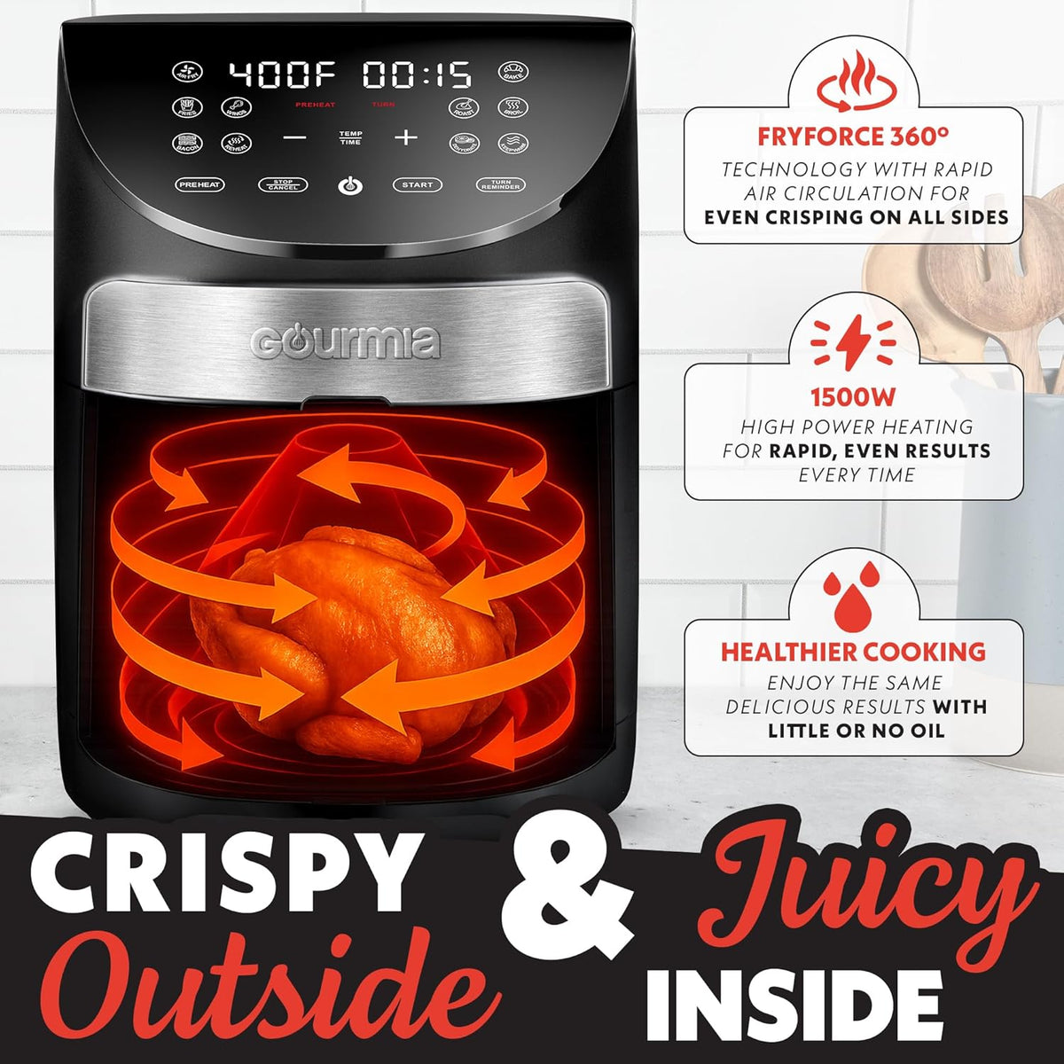 Gourmia Digital Air Fryer – 7 QT, FryForce 360° Technology, 10 Presets, Guided Cooking Prompts, Auto Shut-Off, Dishwasher Safe Basket, 1500W, black/Stainless Steel