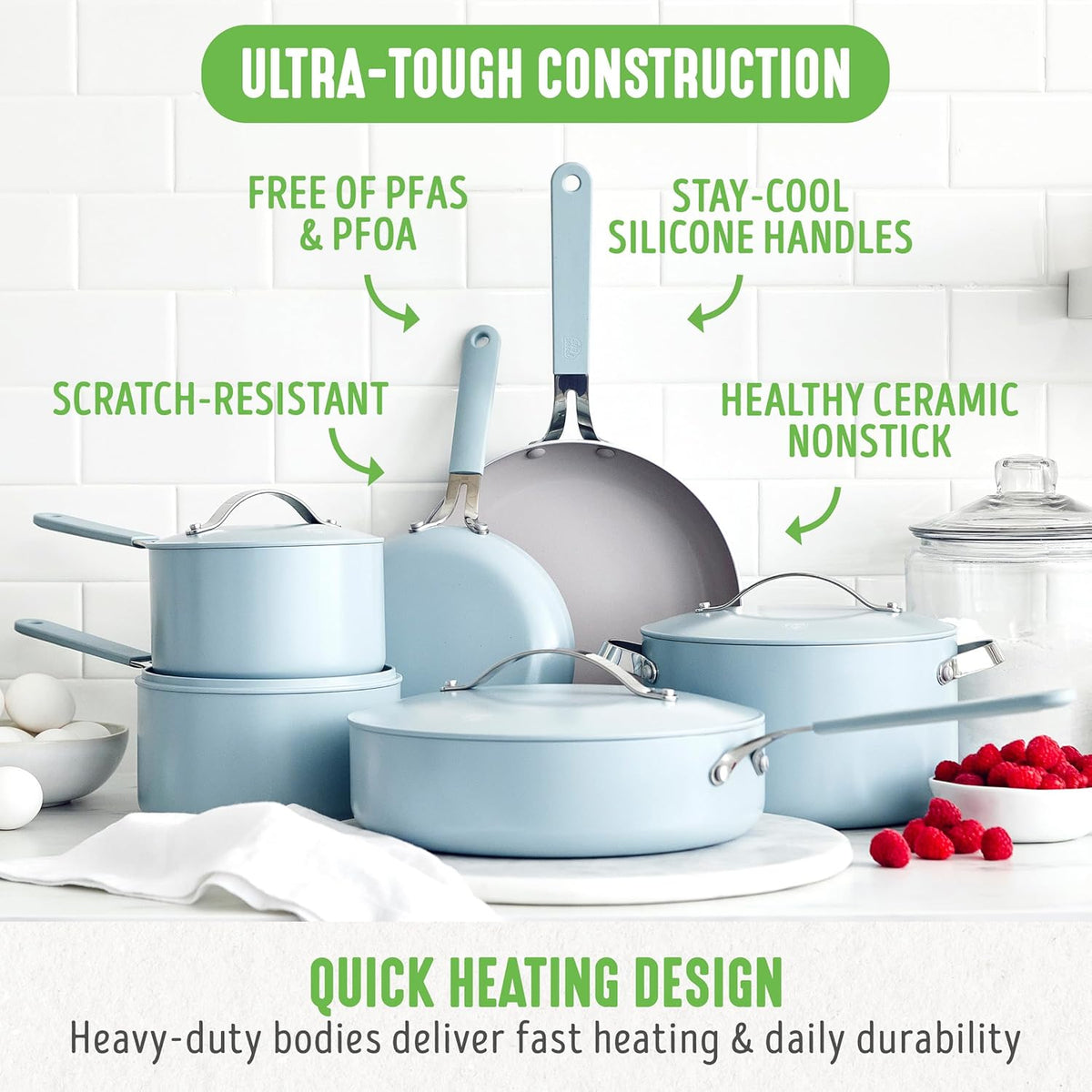 GreenLife 10-Piece Nonstick Ceramic Cookware Set, Lightweight Healthy PFAS-Free Pots & Pans with Lids, Dishwasher & Oven Safe, Durable Body, Silicone Stay-Cool Handles, Easy Release, Blue Haze