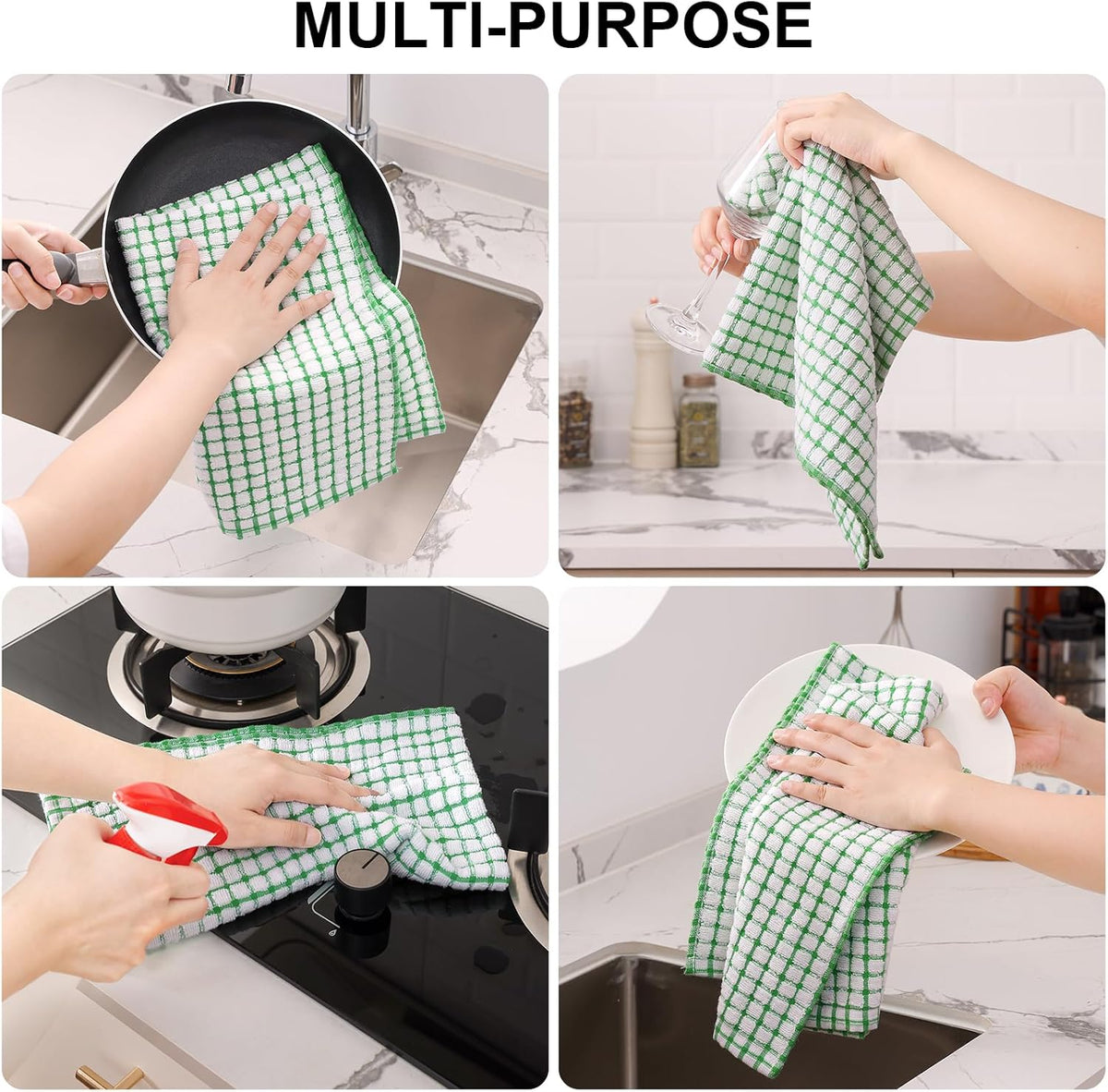 Kitinjoy Cotton 12 Pack Kitchen Towels and Dishcloths Sets, 16 x 25 Inch & 12 X 12 Inch Dish Towels Bulk, Super Soft and Absorbent Hand Towels for Kitchen Drying, Green
