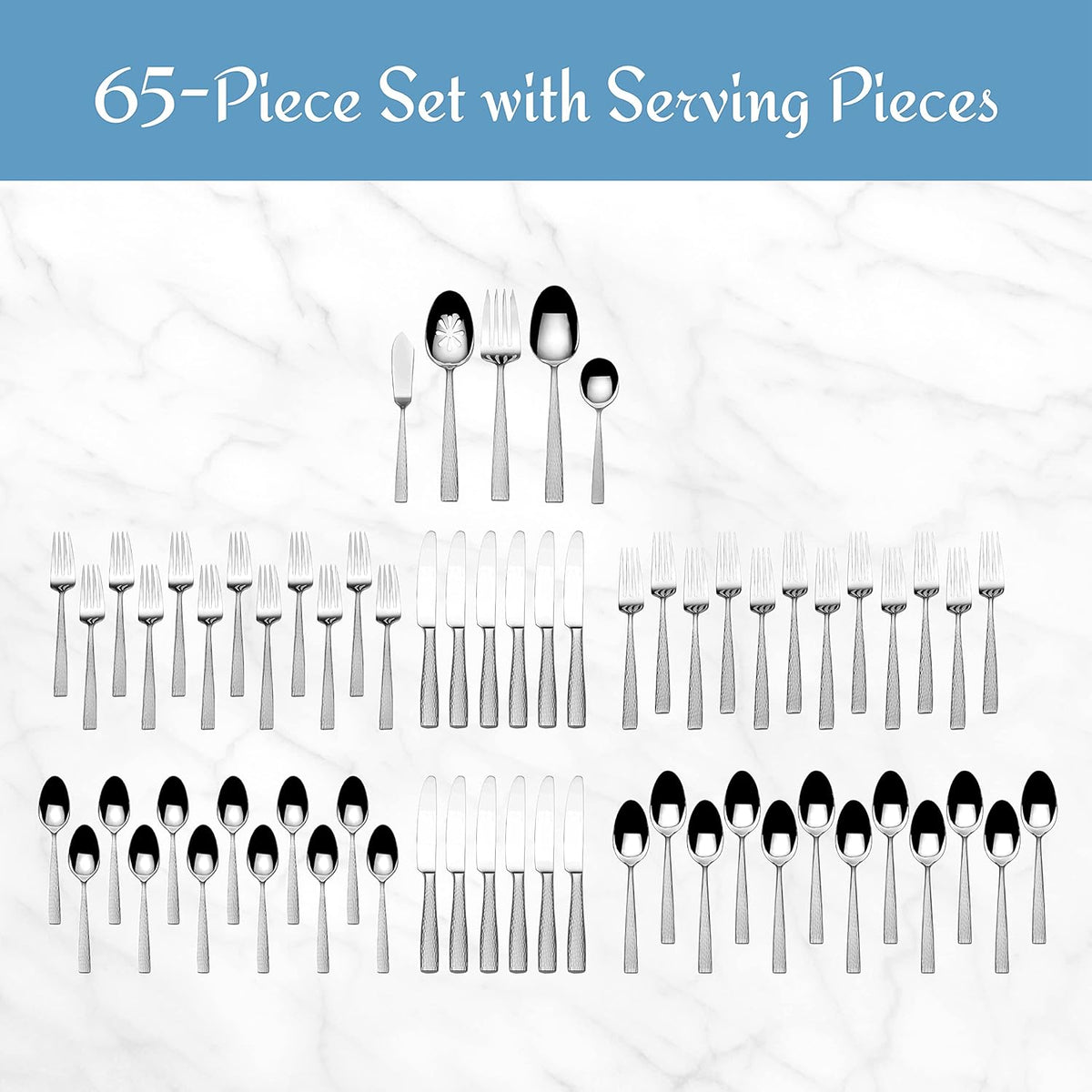 Mikasa Oliver Satin Flatware Set for 12, 65 Piece 18/10 Stainless Steel Silverware with Stylish Satin Finish and Serving Utensils, Durable Dinnerware Service