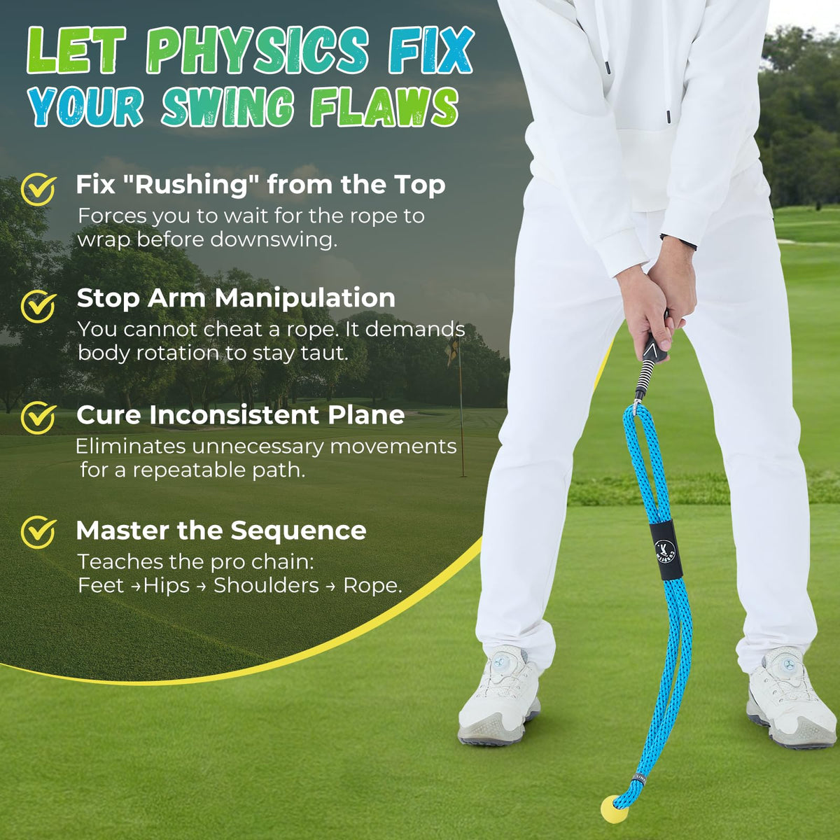 Cusprtm Golf Swing Trainer Rope with Molded Training Grip – Hand Position Corrector for Beginners – Golf Rope Aid for Tempo & Rhythm – Indoor Golf Practice Rope with Soft Safety Head (Blue-RH)