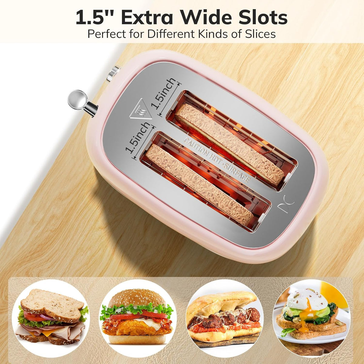 Toaster 2 Slice Stainless Steel with 6 Bread Shade Settings, Bagel, Cancel, Defrost Function, 2 Slice Retro Toaster with Extra Wide Slot, Removable Crumb Tray, pink