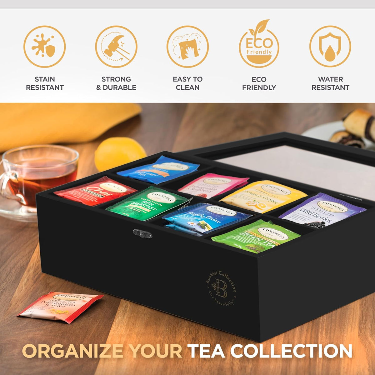 Bambüsi Tea Bag Organizer - Bamboo Tea Box Organizer Storage Box, Tea Bag Holder with Acrylic Window, Magnetic Lid Keeps Tea Bags Fresh - Ideal Gifts Tea Organizer Caddy (Tea Not Included) - Black
