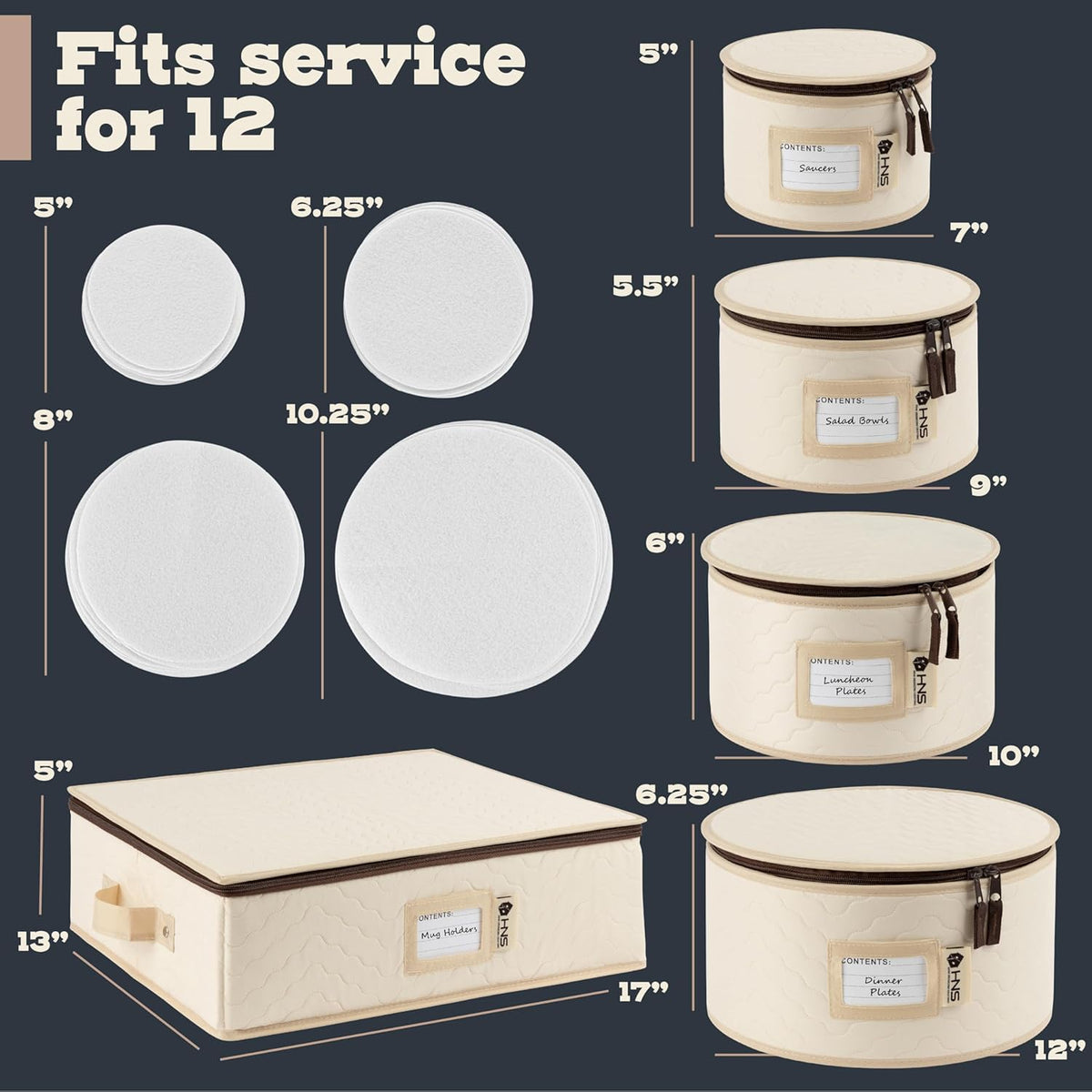 Hard Shell China Storage Containers 5-Piece Set Moving Boxes for Dinnerware, Glasses, Plates, Mugs and Saucers Sturdy Dish Organizer with Dividers for Seasonal Storage - Service for 12 - Beige Quilted