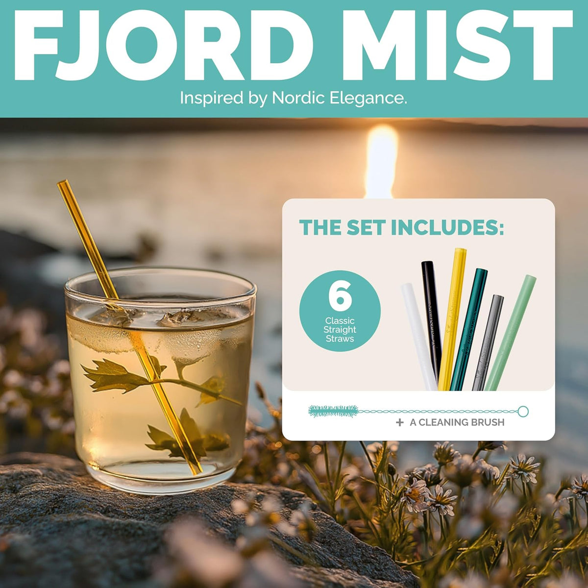 Simply Straws 6 Inch Glass Straws Straight (6-Pack) – Reusable Glass Straws for Low Balls & Stemless Glasses, with Cleaning Brush – Dishwasher Safe, Hot & Cold Use, BPA-Free (Fjord Mist)