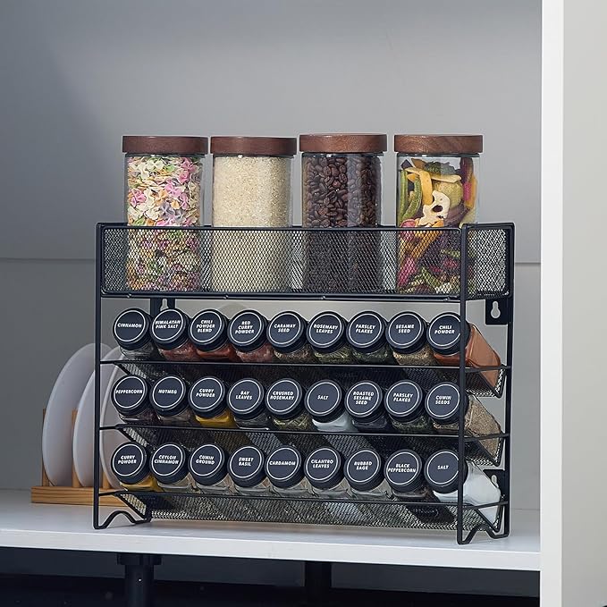 Spice Rack Organizer with 27 Spice Jars with Black Lids, Funnel, Spice Labels, Pen, Seasoning Organizer for Cabinet, Countertop, Pantry, Kitchen,Cupboard or Door & Wall Mount