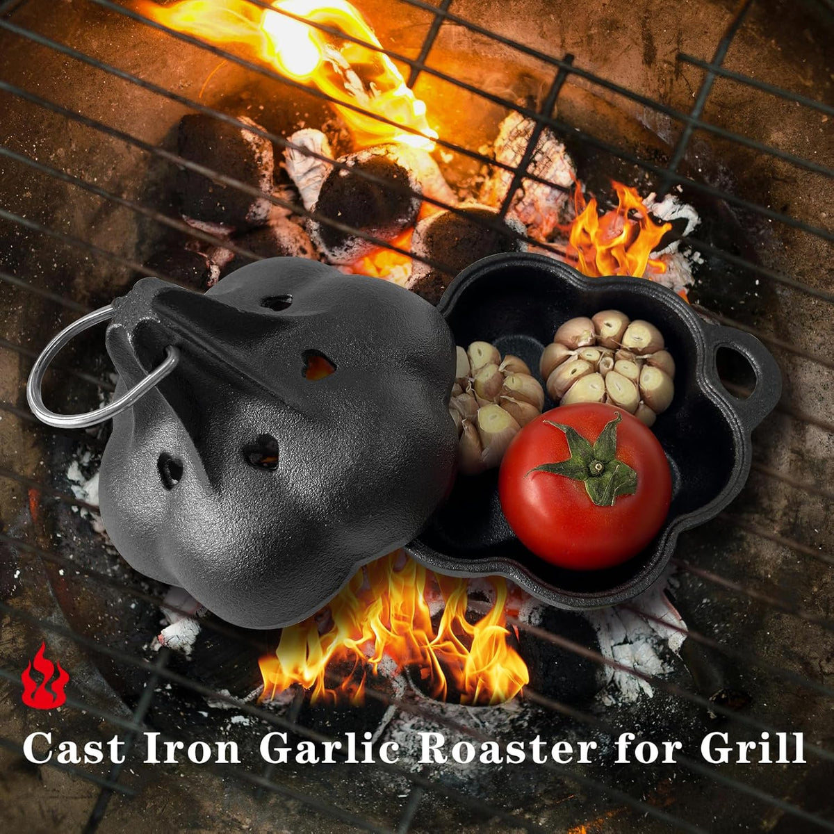 Cast Iron Smoker Roaster & Garlic Roster Baker, Smoker Box, Pre-Seasoned Cast Iron Garlic Roaster for Grill, Perfect for BBQ and Oven, for Smoky, Flavorful Vegetables, Meats or Wood Chips