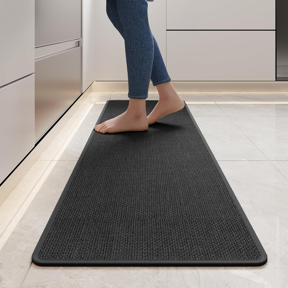 Kitchen Mats for Floor, Super Absorbent Kitchen Rugs Non Slip Washable, Soft Imitation Linen Braided Kitchen Runner Rug, Standing Mat Kitchens Sink Mat, Easy to Clean, Black 17x59