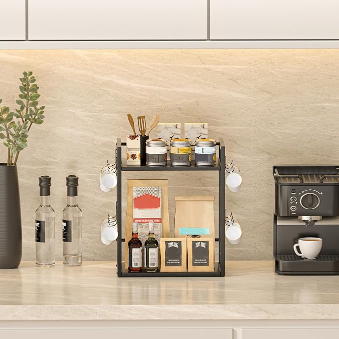 Dorhors 2 Tier Coffee Bar Accessories and Organizer,Multi-functional Mug Holder with 12 Hooks,Wood Coffee Station Organizer,Kitchen Countertop Shelf (Black)
