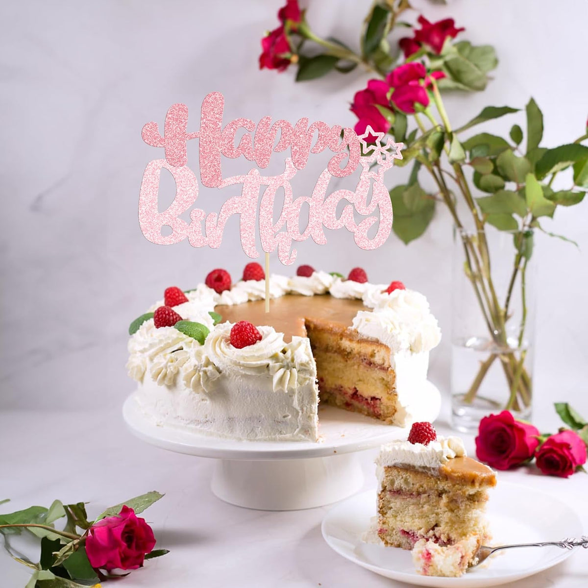 Ephlyn 1Pcs Happy Birthday Cake Topper Glitter Happy Birthday Cake Pick Decorations for Celebrating Happy Birthday Anniversary Theme Party Cake Decorations Supplies Pink Light Pink