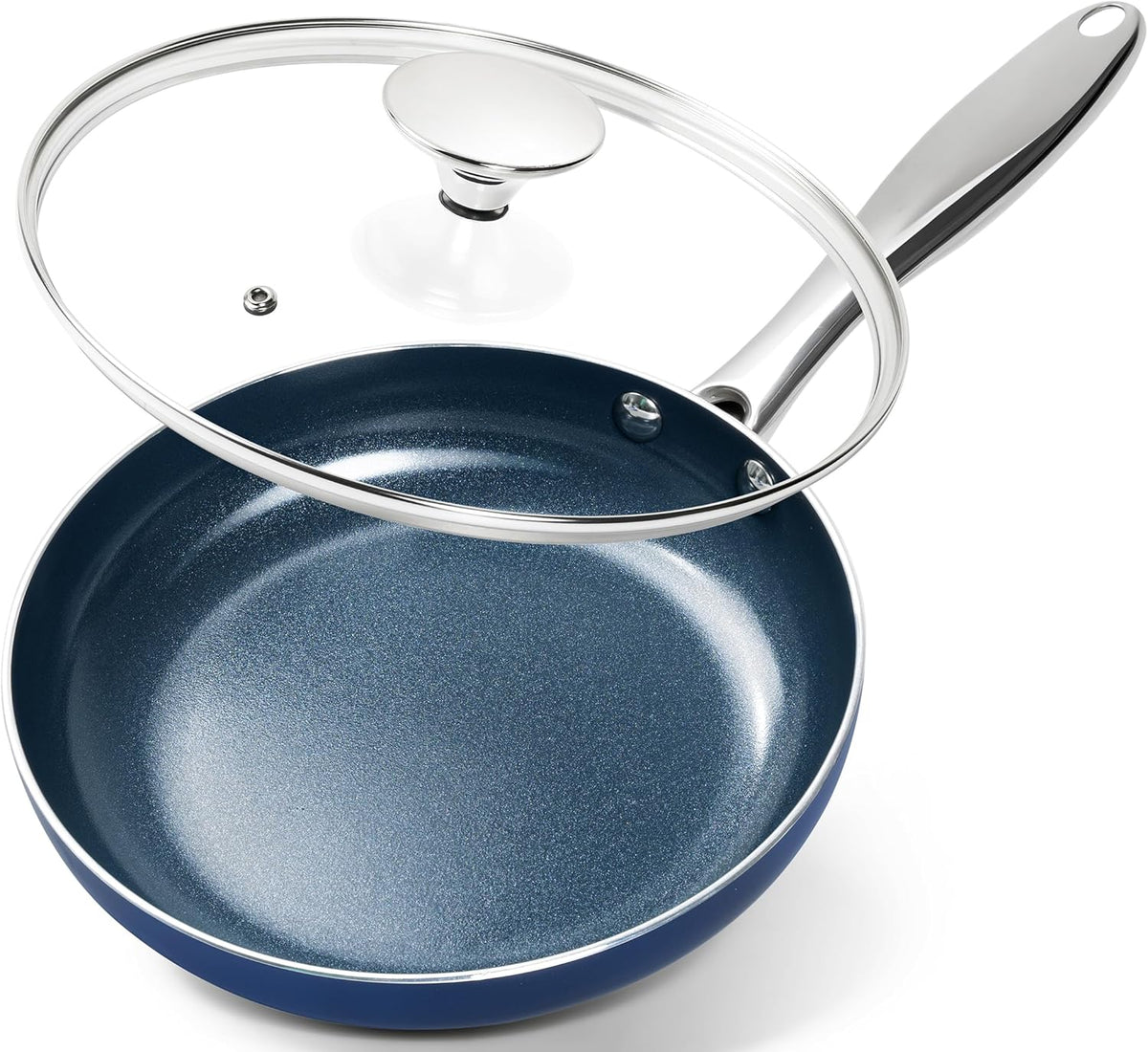 MICHELANGELO Small Frying Pan - 8 Inch Nonstick Frying Pan with Lid, Non-Toxic Omelette Pan with Stainless Handle, Nonstick Skillet, Blue-Ceramic