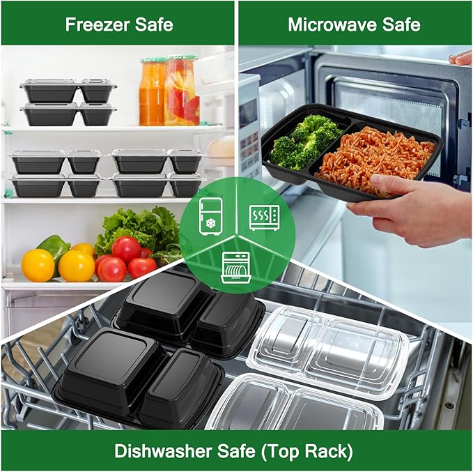 Dealusy 50 Pack (100-Piece) 28 oz Meal Prep Containers Reusable with Lids 2-Compartment, Sturdy Leakproof Food Safe, Microwave Freezer Dishwasher Safe, To Go Take Out Plastic Food Storage, Black