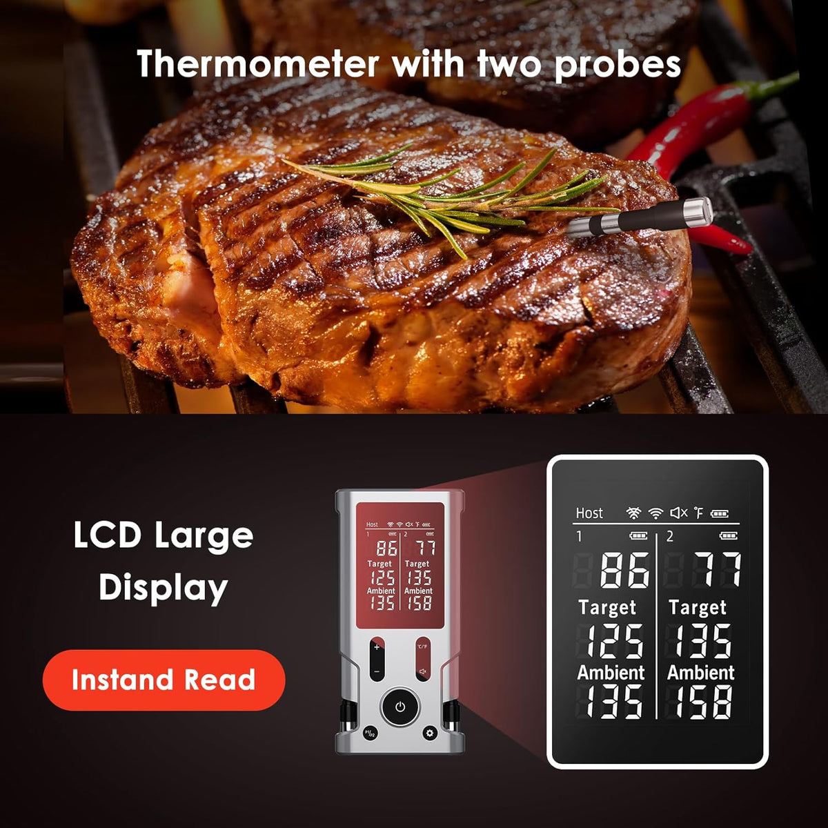 Wireless Meat Thermometer, 800FT Bluetooth Cooking Thermometer, 2 Ultra-Thin Probes, LCD Display, Digital Food Thermometer for Grill, BBQ, Smoker, Air Fryer, Rotisserie