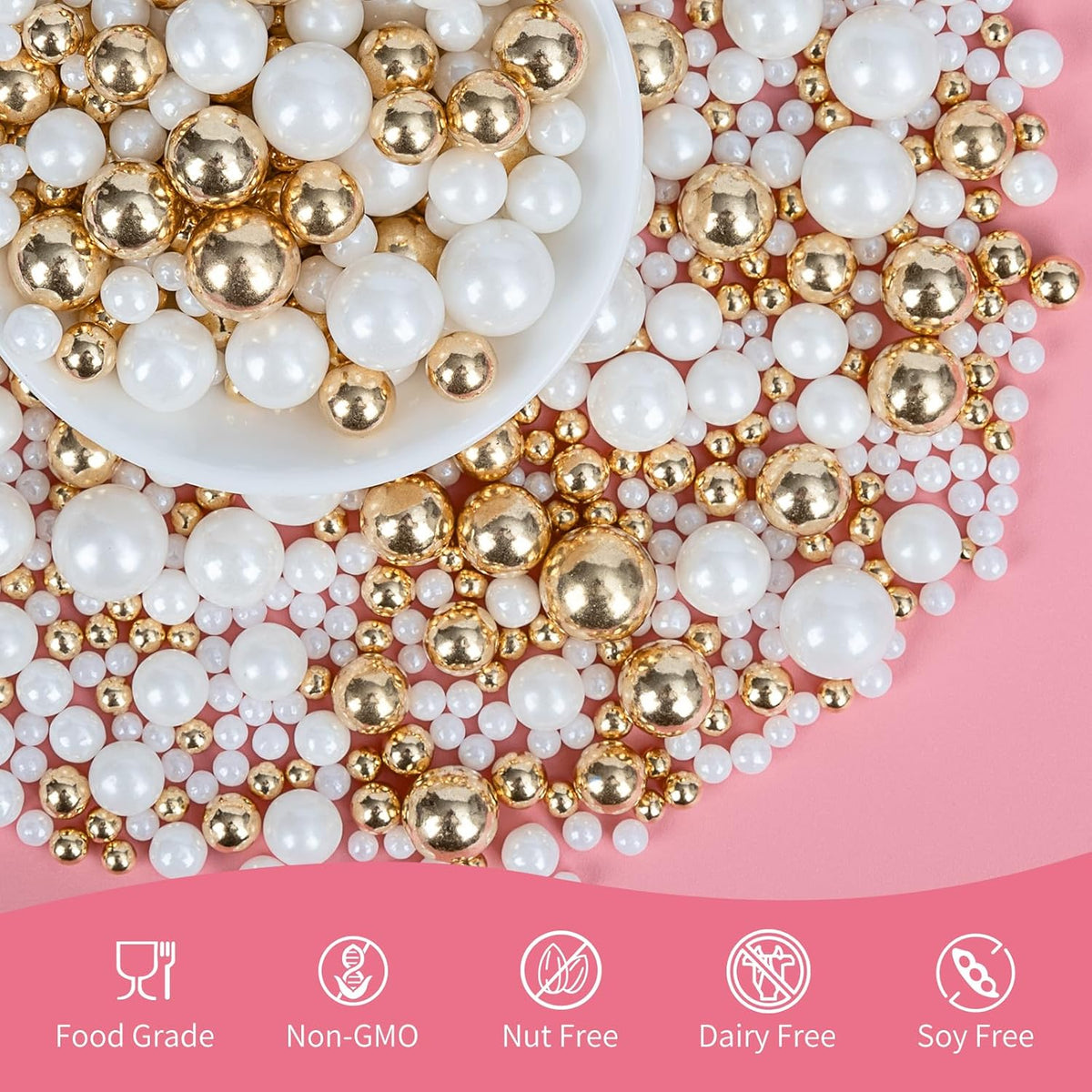 Edible Pearl Sprinkles,White Gold Candy Mixing Size,Baking Pearls Sprinkle Edible Cake Decorations Cupcake Toppers, Cookie Decorating Celebrations Wedding Valentines Easter Halloween Christmas Supplies 130g/ 4.58oz