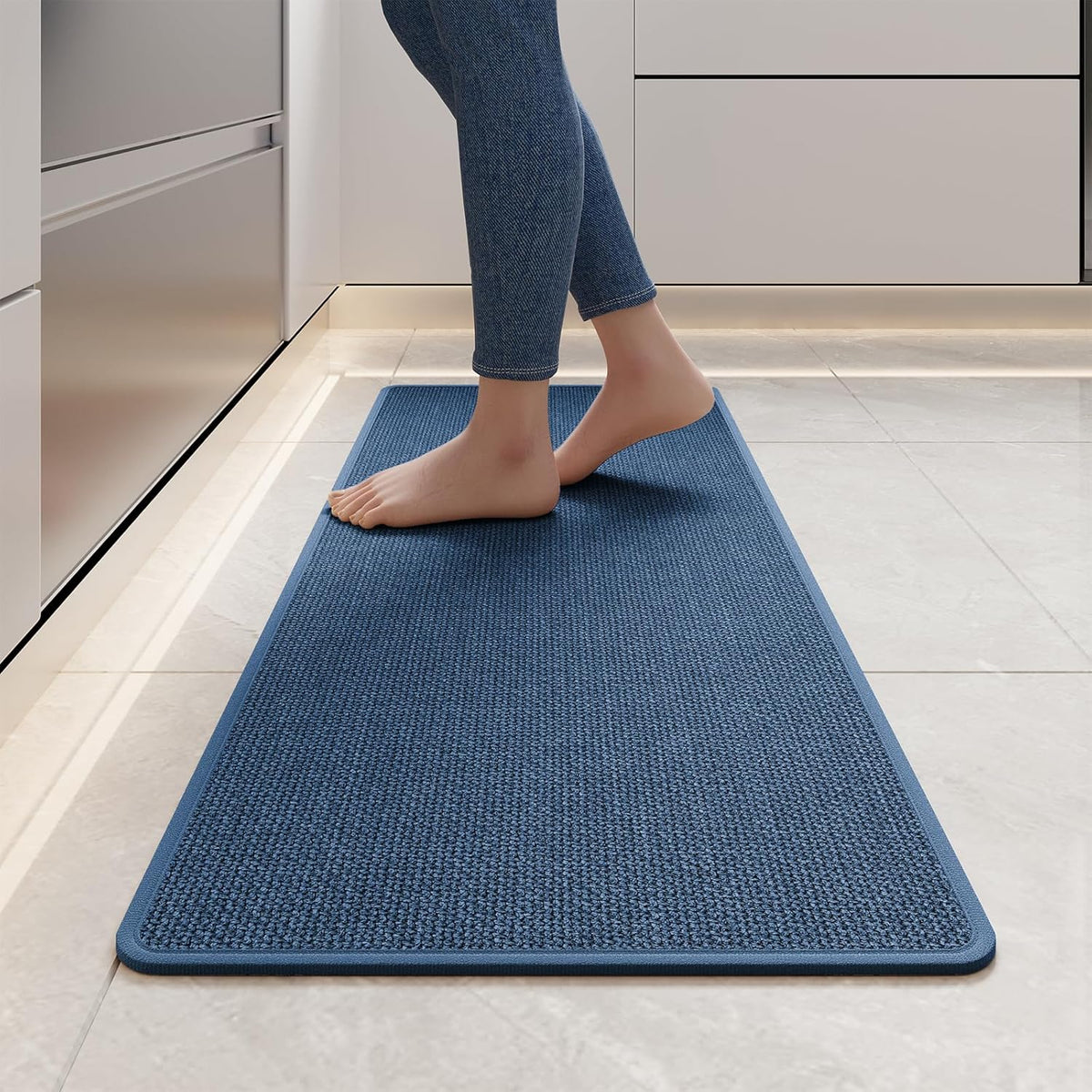 Kitchen Mats for Floor, Super Absorbent Kitchen Rugs Non Slip Washable, Soft Imitation Linen Braided Kitchen Runner Rug, Standing Mat Sink Mat, Easy to Clean, Blue 17x47