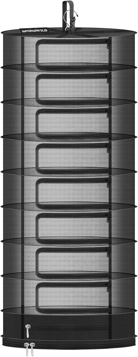 Herb Drying Rack Hanging Mesh Net,Large 8+1 Layer Plant Drying Rack with Door-Type Zipper & Closed Storage Compartment for Folding Basket Dryer Fiting in Grow Tents,Garden Outdoor