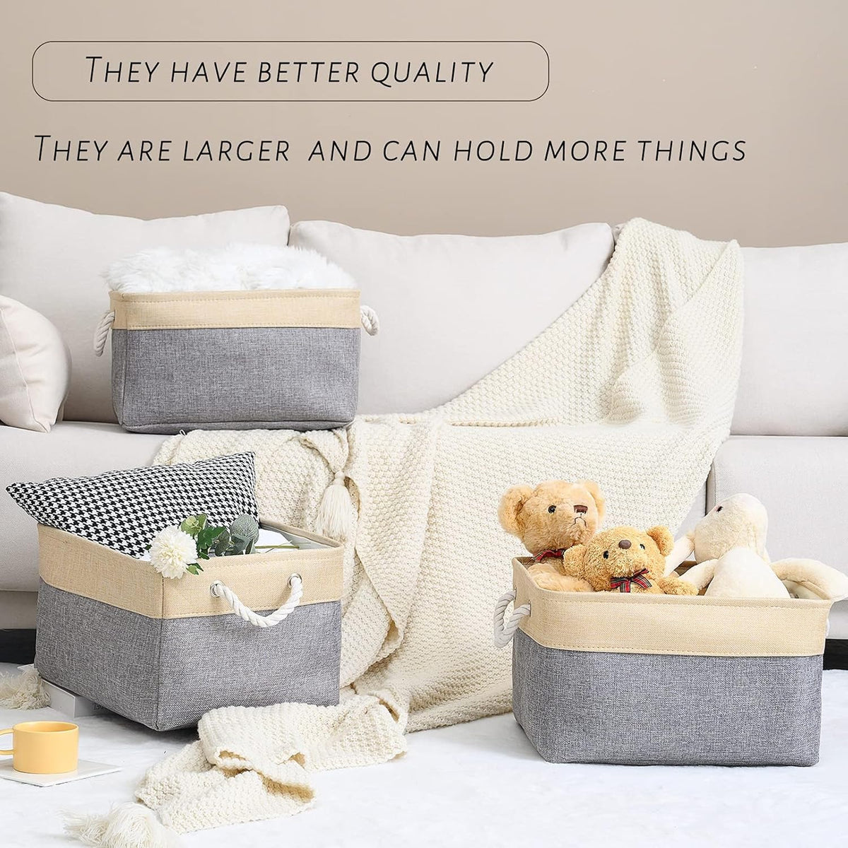 Organization and Storage Basket for Organizing - Large 4 Pack 16x12x8 inch Collapsible Baskets for Shelves Fabric Storage Cube, Storage Bins for Laundry Cloth Books Gift (Gold & Grey)
