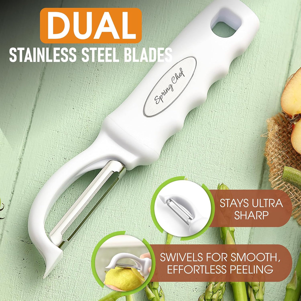 Spring Chef Premium Swivel Vegetable Peeler, Comfortable Handle and Ultra Sharp Stainless Steel Blades - Perfect Kitchen Peeler For Veggie, Fruit, Potato, Carrot, Apple - White - Set of 2