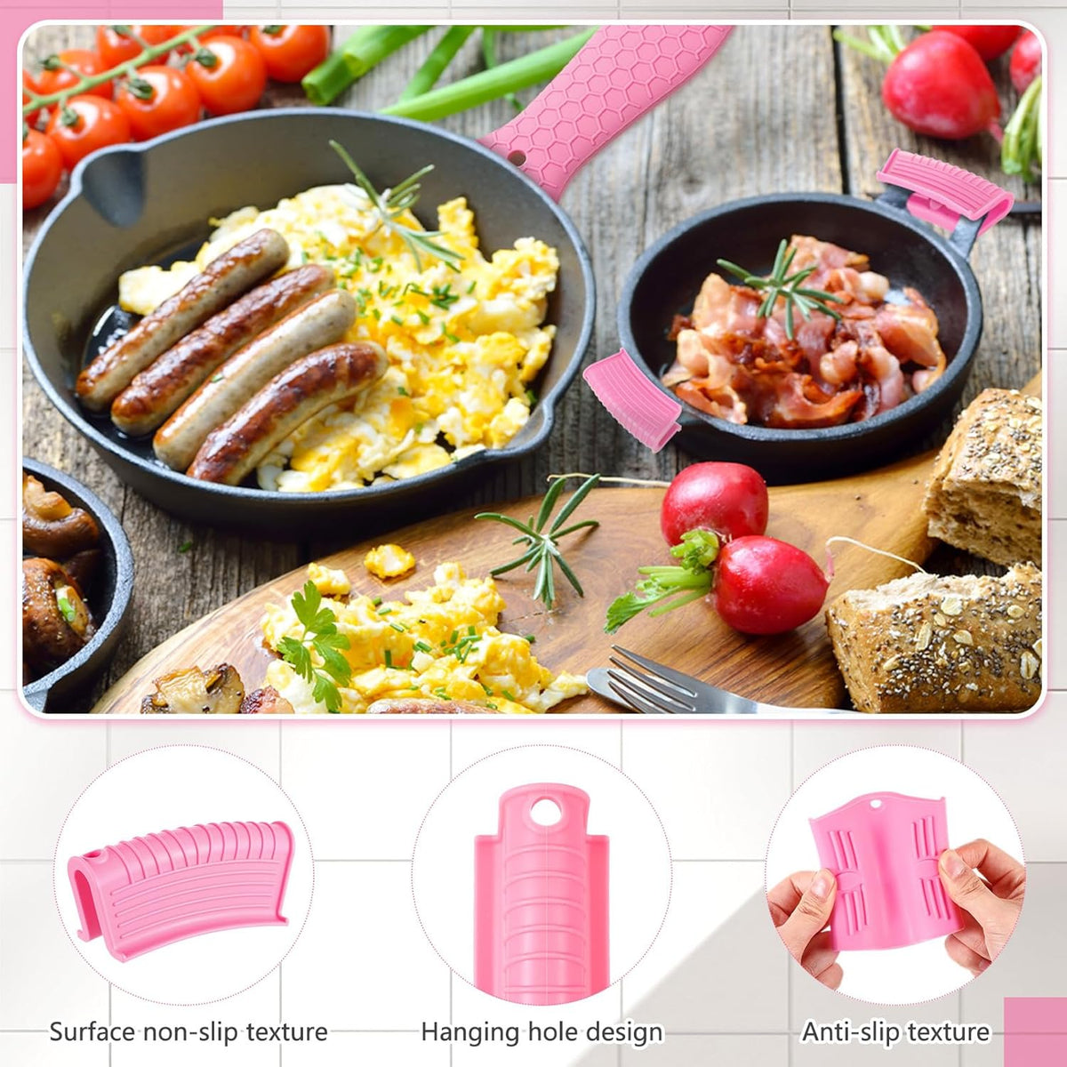 Patelai 8 Pcs Silicone Pot Holders Cast Iron Handle Cover Heat Resistant Pot Handle Covers Potholder Non Slip Reusable Pan Sleeve for Frying Pan Kitchen Supplies(Pink)