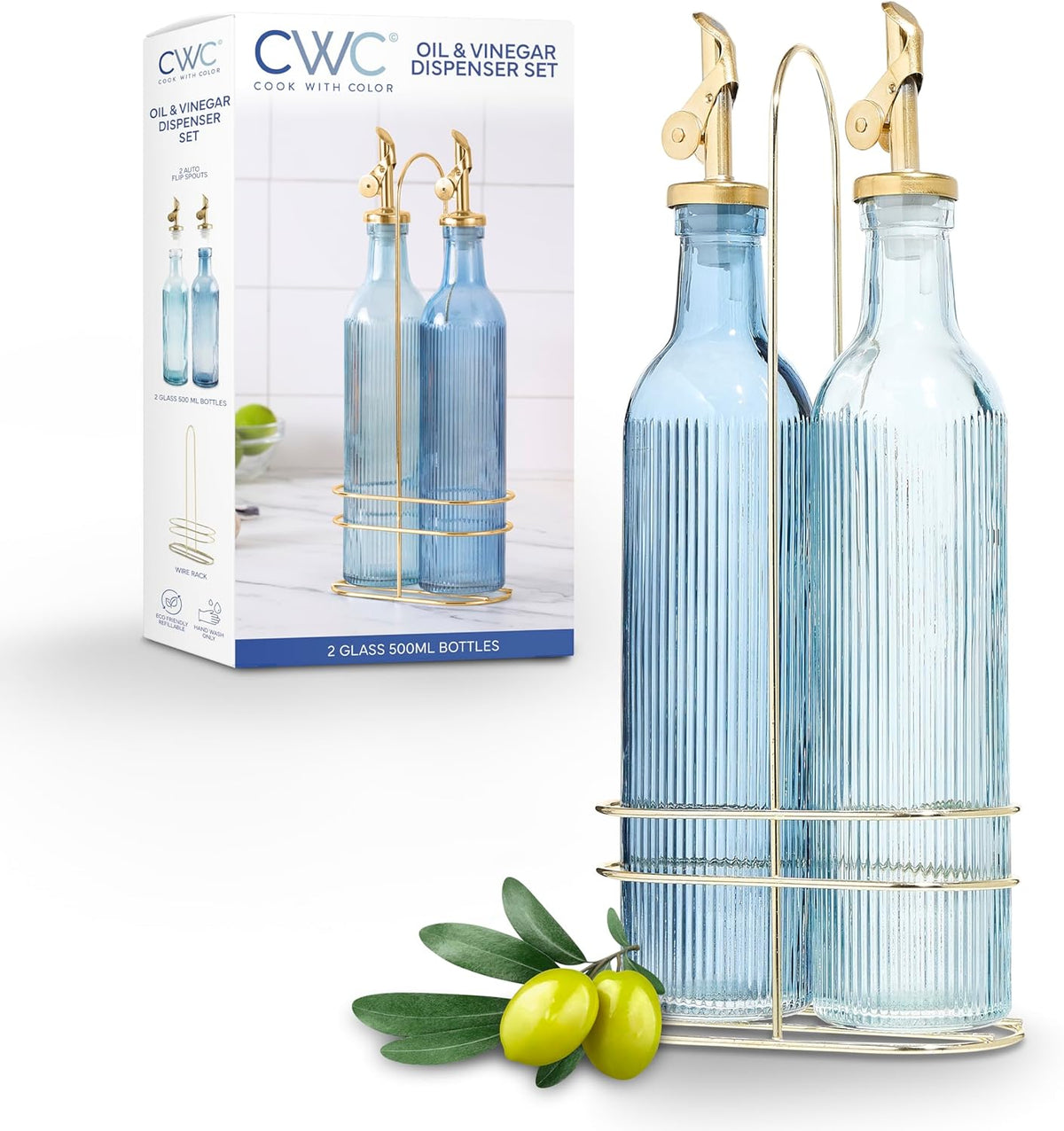 COOK WITH COLOR Glass Olive Oil Bottle Dispenser - 2 Pack- 17oz Oil and Vinegar Cruet - Olive Oil Carafe Decanter for Kitchen