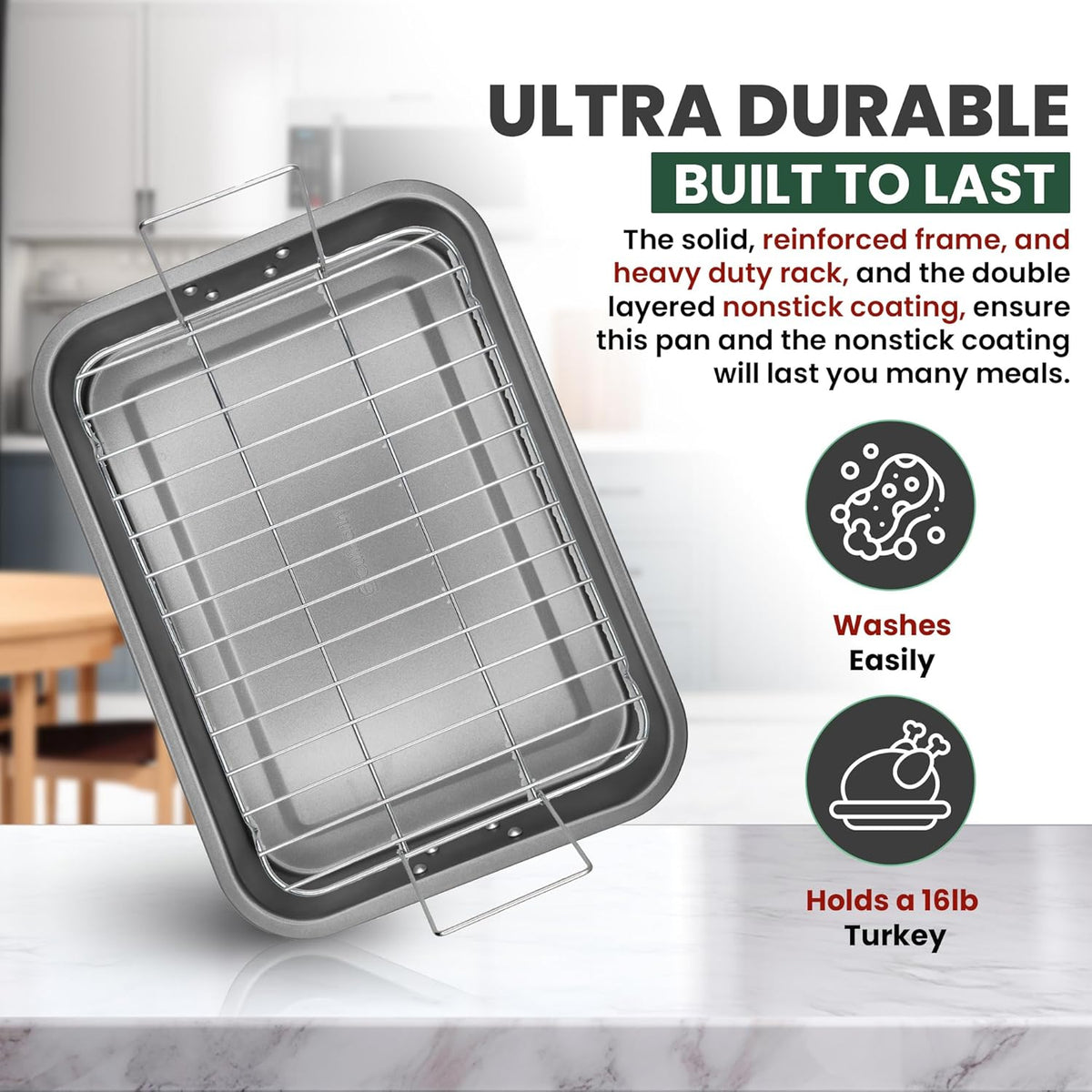 Large Roasting Pan With Rack 12” X 16” - Non Stick Large Roaster Pan and Flat Rack With Foldable Handles - Roasting Pans for Ovens to Elevate Food for Even Heating - Dishwasher Safe Turkey Roast Pot