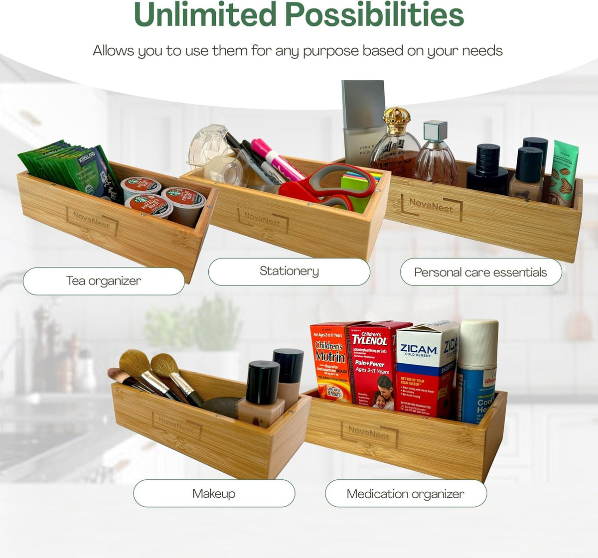 5PCS Bamboo Storage Bag Organizer Set, Multi-Use Baggie Organizers for Gallon, Quart, Sandwich, Snack Food Bags, Tea Bag, Silverware, Ideal for Kitchen, Office, Makeup, Bathroom, Utensil, Junk Drawer