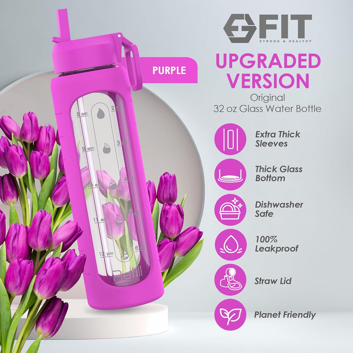 FIT Strong & Healthy 32 oz Glass Water Bottle with Straw Lid, Time Marker, Sleeve & Extra Lid - Motivational, Wide Mouth 1 Liter Glass Drinking Bottle