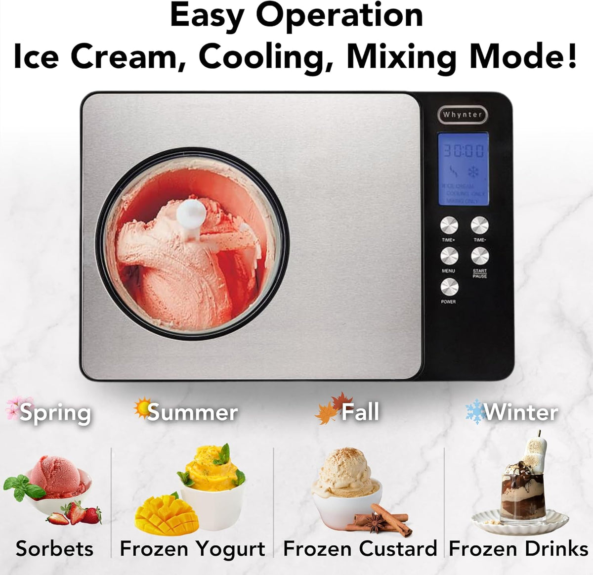 Whynter Ice Cream Maker Machine Automatic 2.1 Qt. with Built-In Compressor, LCD Digital Display & Timer, No Pre-Freezing, ICM-200LS, Stainless Steel