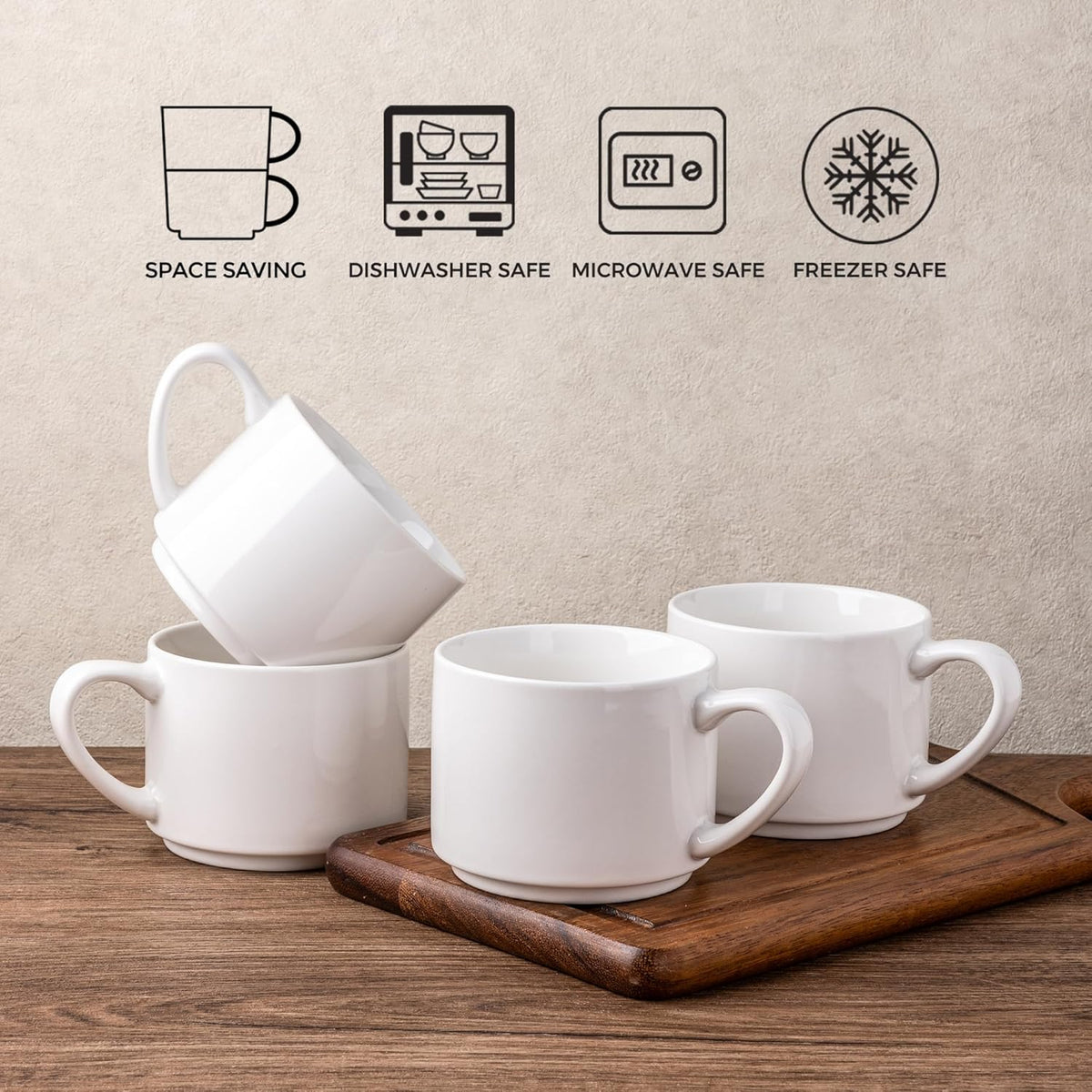 GBHOME 14 OZ Coffee Mugs Set of 6, Stackable Ceramic Mugs for Men, Women, Modern Coffee Mugs With Stable Base for Latte,Tea,Cappuccino. Dishwasher & Microwave Safe, White